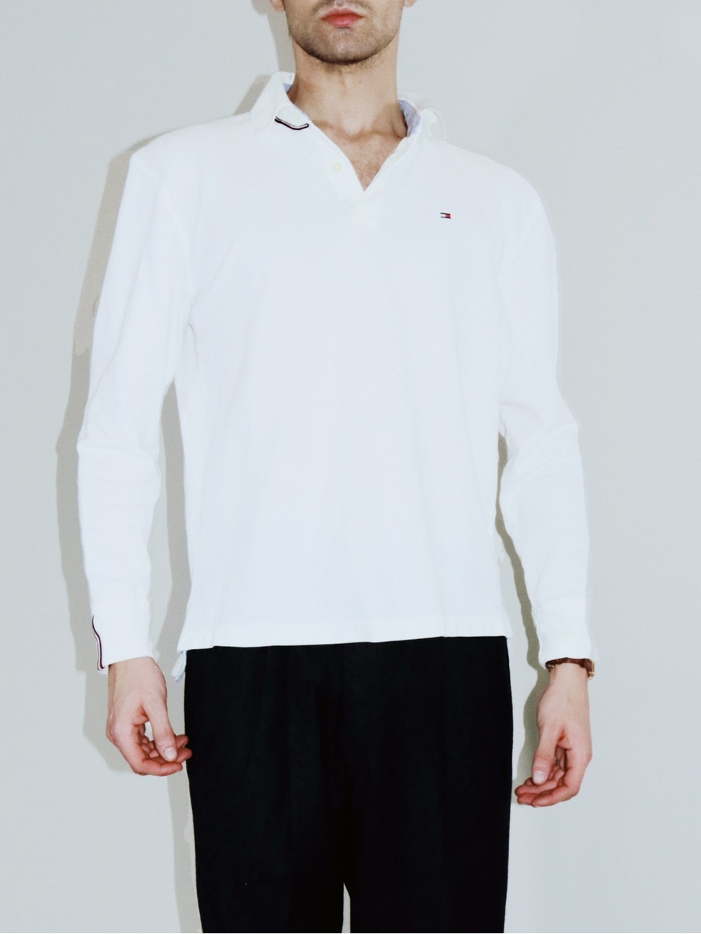 Tommy Hilfiger White Long-Sleeve Polo with Subtle Logo